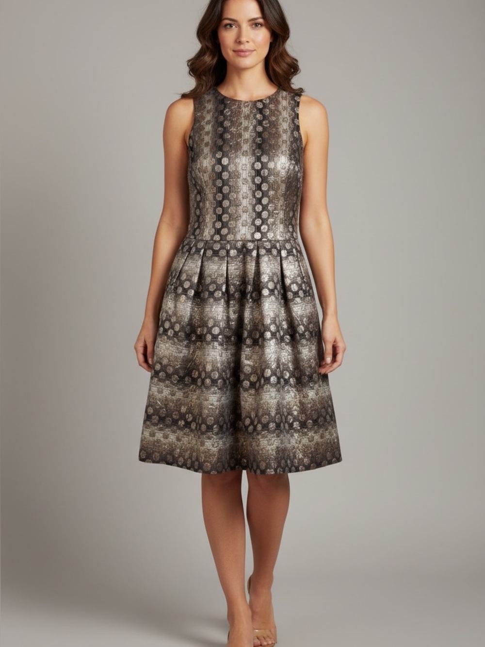 Cocktail Wedding Metallic Patterned Fit & Flare Dress in Gold Silver Gray Bronze